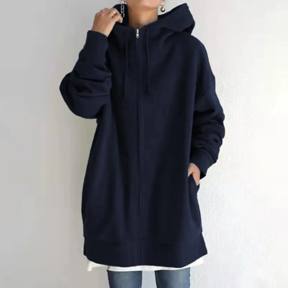 

Hooded Sweatshirt Coat Stylish Women's Mid-length Sweatshirt Coat with Drawstring Hood Long Sleeve Pockets Zipper Placket Autumn