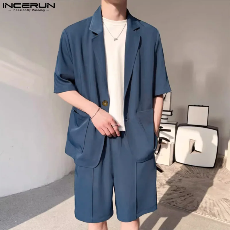 

Комплект из двух предметов INCERUN мужской, однотонный, с отложным воротником и шортами, летняя уличная одежда 2024, мужские повседневные Костюмы