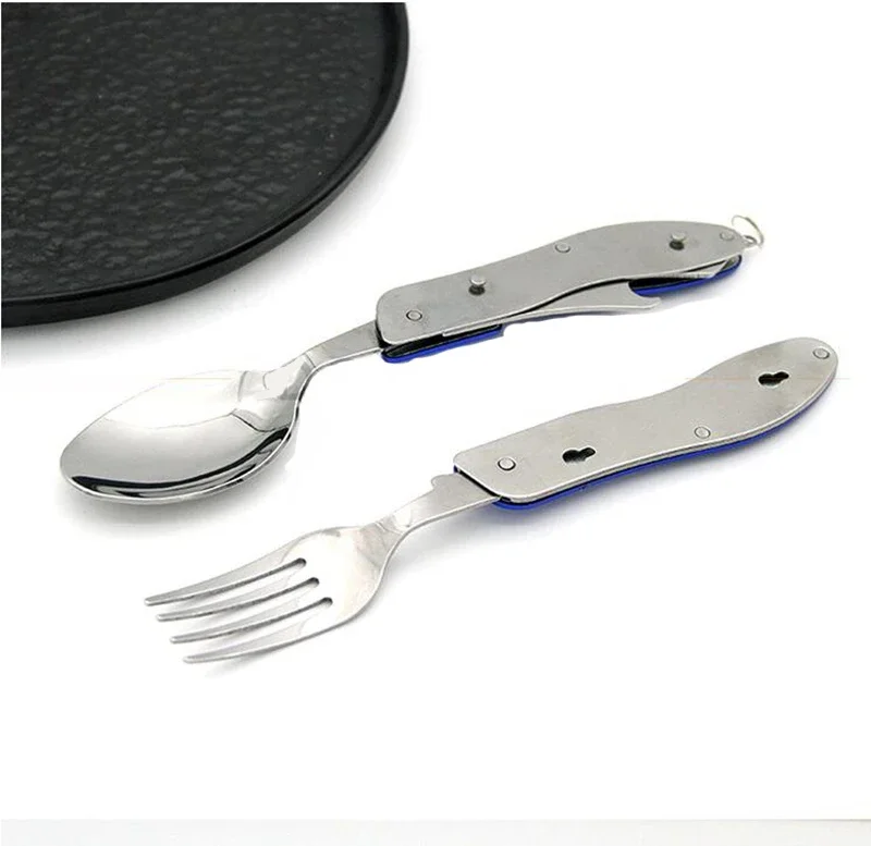 Tablespoon Set 4 In 1 Foldable Spoon Knife fork bottle opener Stainless Steel Folding Pocket Kits Outdoor Tableware Set cutlery set
