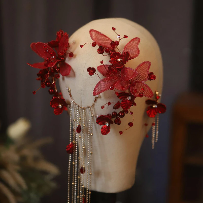 

new wine red flower Set lace and fringes wedding hair clips Bridal Hair Accessories