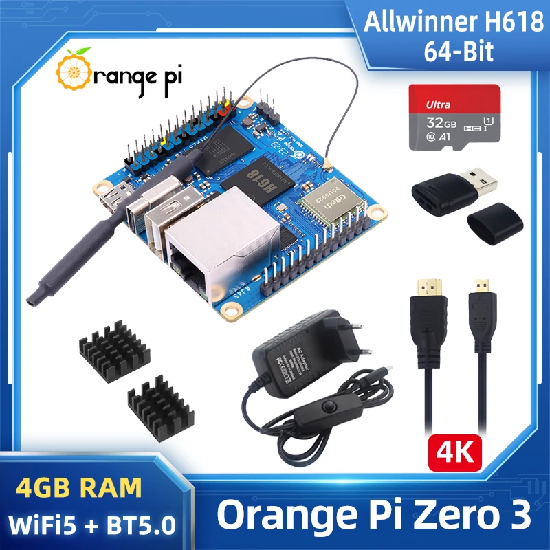 Orange Pi Zero 3 4G Ram Allwinner H618 Quad-Core Cortex-A53 64-Bit Dual Band Wifi5 + Bt 5.0 Gigabit Lan Android Debian Ubuntu Os