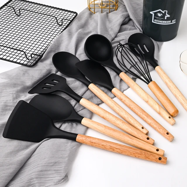 AJOYOUS Non-Stick Cookware Spatula Ladle Silicone Cooking Utensils Cooking  Set Egg Choppers Wood Handle Cooking Utensils Set - AliExpress