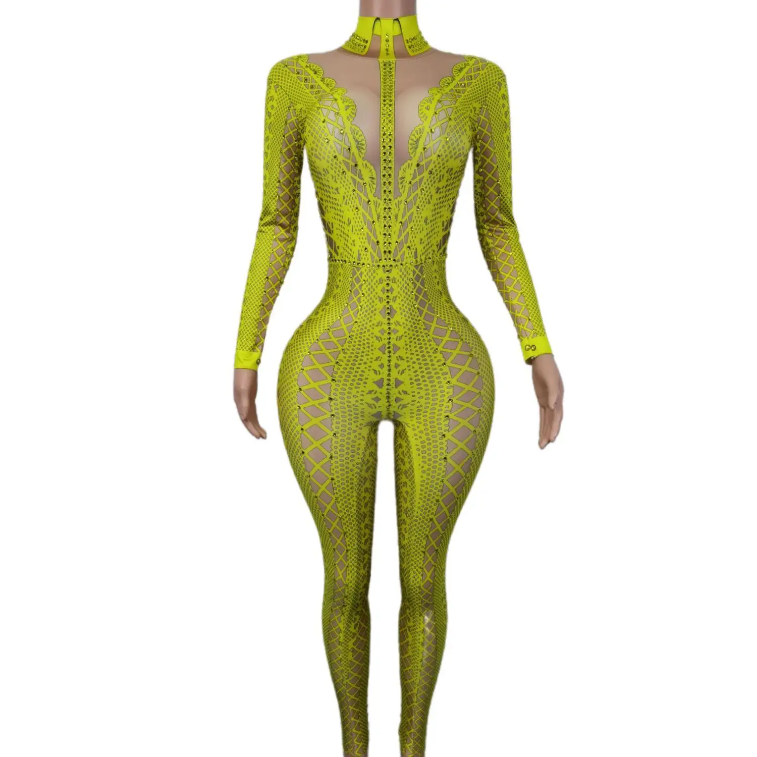 

New Women Sexy Stage Nightclub Costumes for Singer Yellow 3D Printed Sparkling Crystals Nightclub Dj Gogo Jumpsuit Lianti