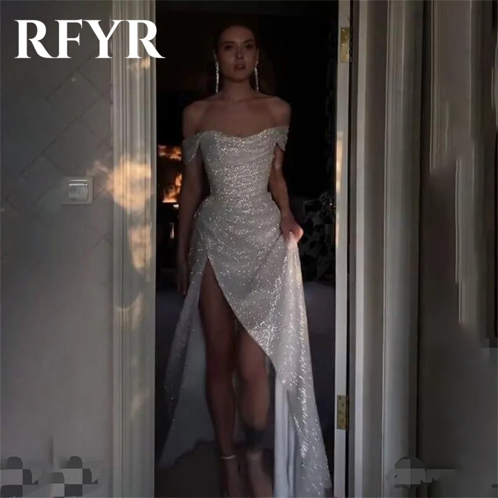 

RFYR Off the Shoulder White Prom Dress Glitter Sequin Party Dresses Mermaid Celebrity Gowns Shinny Party Dress вечерние платья