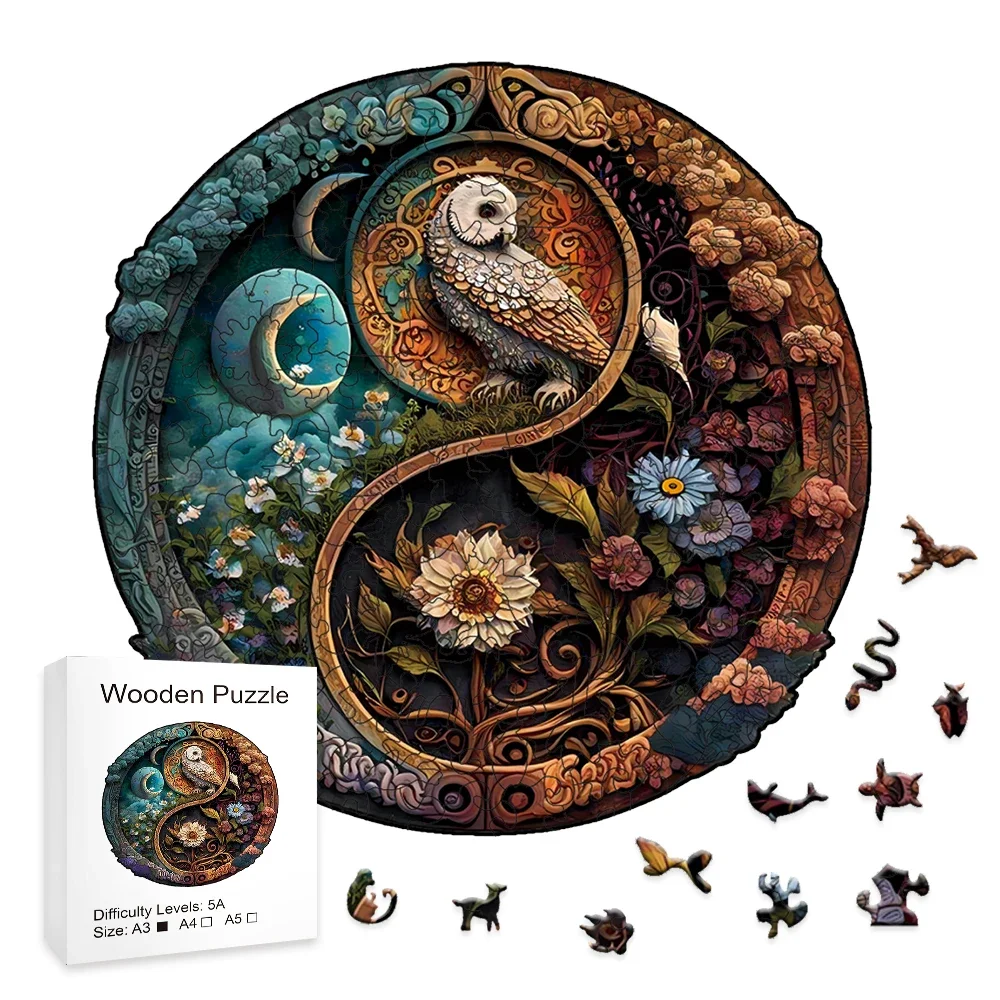 Unique Owl Under The Moon Wooden Jigsaw Puzzle - Perfect Holiday Gift for Adults and Kids, Challenging Irregular Shape Particles