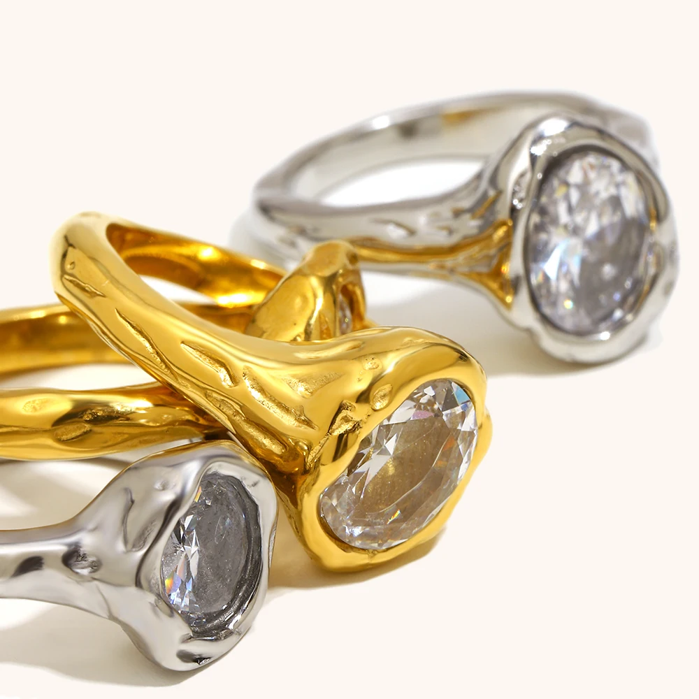 Women's Ring La. Muses Luxury Shiny Round Zircon Irregular Stainless Steel Women's Ring PVD Gold Plated Jewelry Accessories