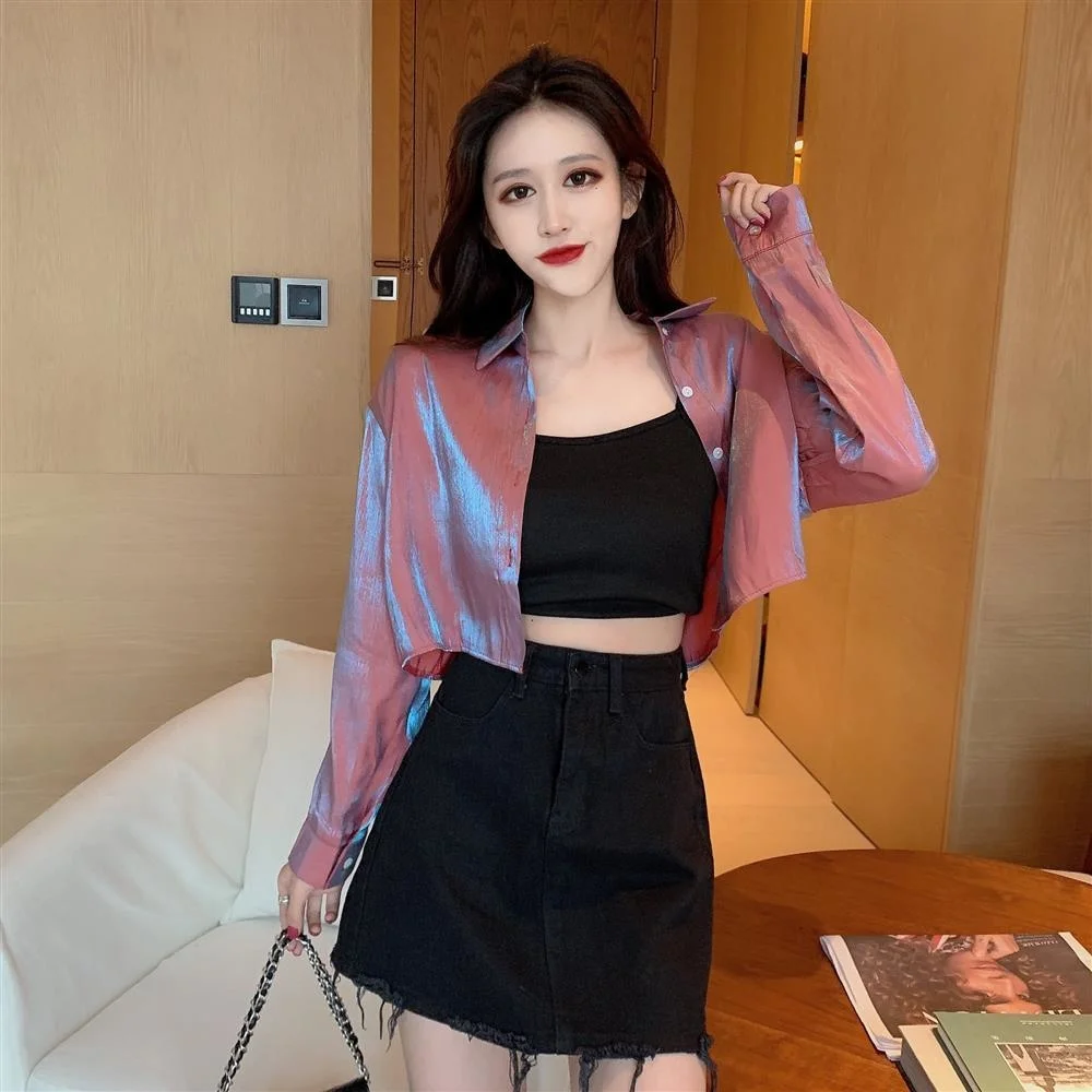 

Spring And Summer 2023 New Mermaid Shining Short Sunscreen Shirt Coat Women's Casual Long Sleeve Loose Shirt Fashion Tops