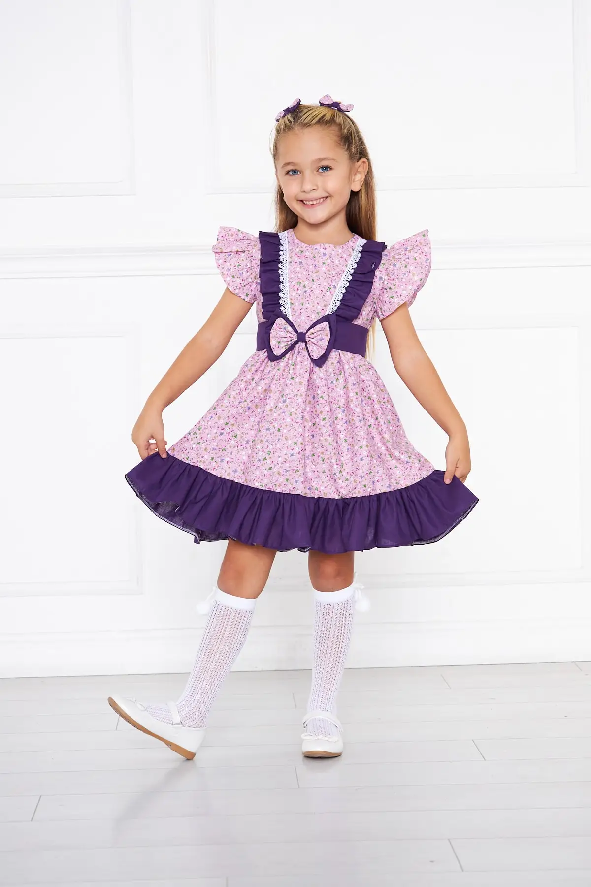 

Purple Flower Patterned Ruffle Girls' Dress Woven 100% Cotton Floral Basic Young Short Sleeve Trend Bicycle