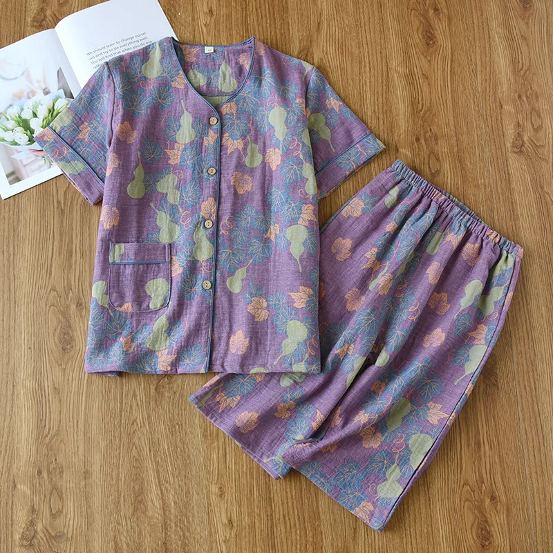 2024Japanese Spring/Summer New Women's Pajama Set 100% Cotton Crepe Short Sleeve+Capris Two Piece Ladies Thin Home Suit Cardigan