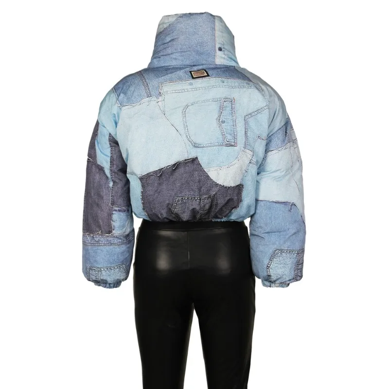 Women's Denim Print Padded Cotton Coats Stand Collar Long Sleeve Zippers Pockets Casual Versatile Y2k Parkas Hipster Streetwear