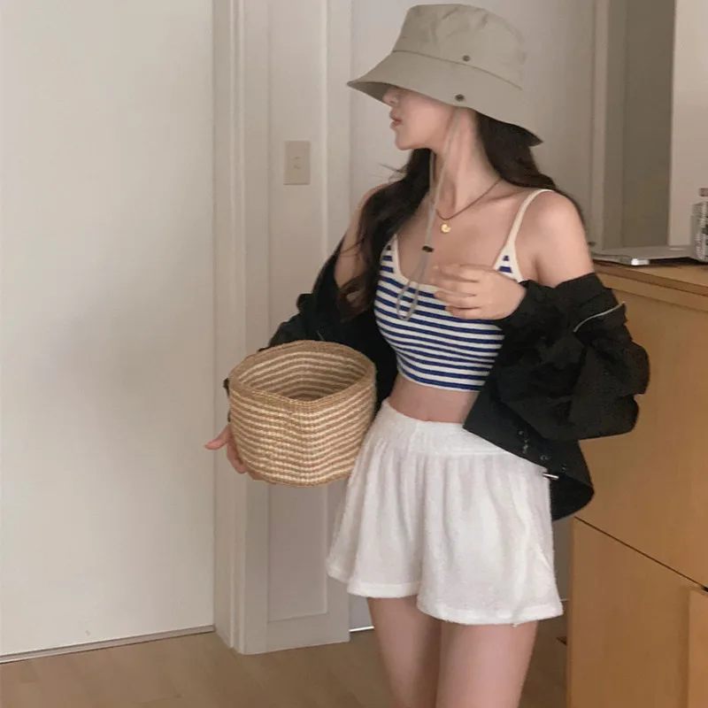 Solid Stripe Bikinis 3 Pcs Casual Sexy Halter Lace-up No Steel Support With Chest Pad Solid Mid Waist Shorts Bikini Swimsuit Set