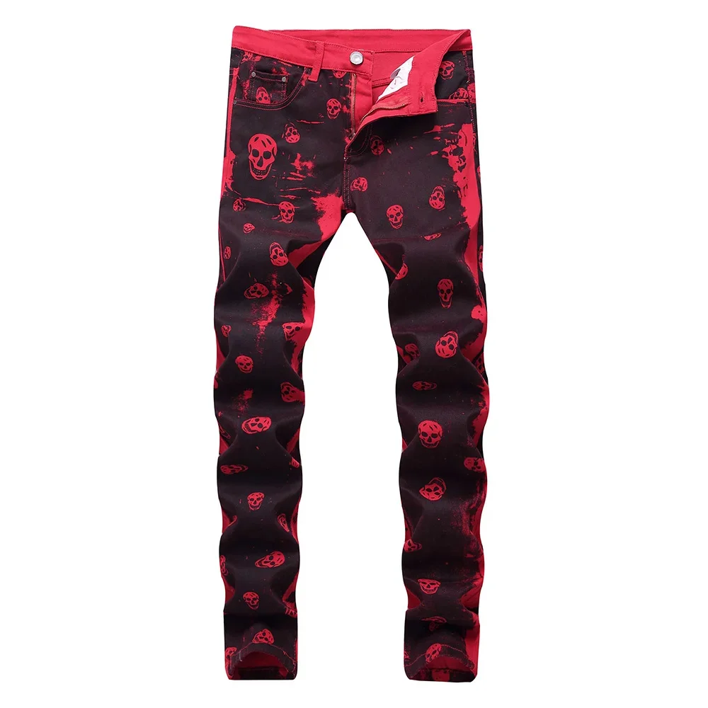 

Waist Size 28-42 Casual Men's Skinny Denim Pants Fashion Skull Slim Red Jeans Moto Biker Male Printed Long Trousers