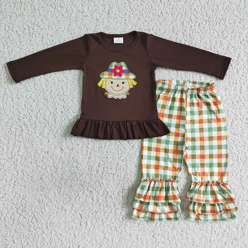 

Wholesale Baby Girl Thanksgiving Embroidery Scarecrow Kid Clothes Infant Brown Set Ruffle Plaid Pants Toddler Children Outfit