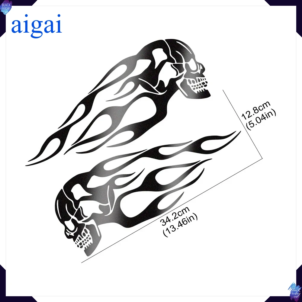 Flame Skull Reflective Motorcycle Tank Decal Stickers - Waterproof Decorative Accessories (Set of 2)