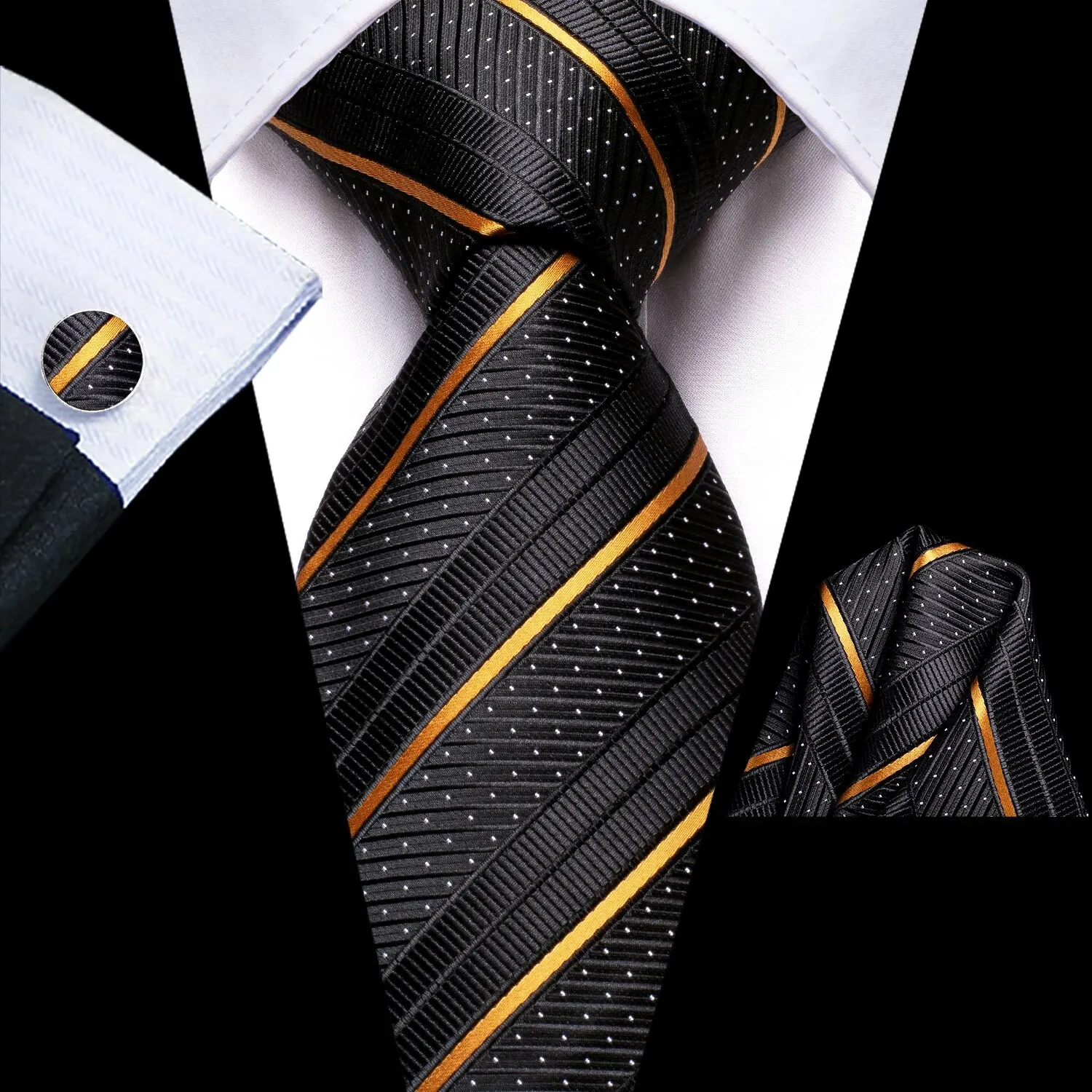 Neck Tie Hi-tie Men's Classic Fashion Striped Gold Black Necktie & Cufflink & Handkerchief Sets For Business Party Fashion Gift For Men neck tie