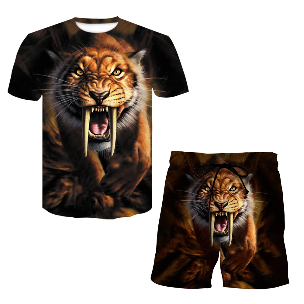

New Summer 3D Brave Tiger Print Men’s Oversized T-Shirt+Shorts Sets Causal Man Cloths Sportweae O-neck Tracksuits Suit Clothing