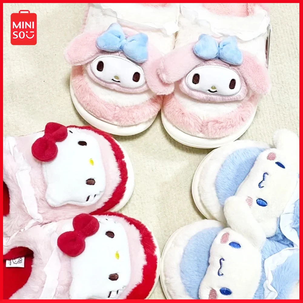 

Kawaii New Sanrio Family Thick Bottom Cotton Slippers Female Miniso Indoor Home Shoes Winter Warm Outside Cartoon Fur Shoes Gift