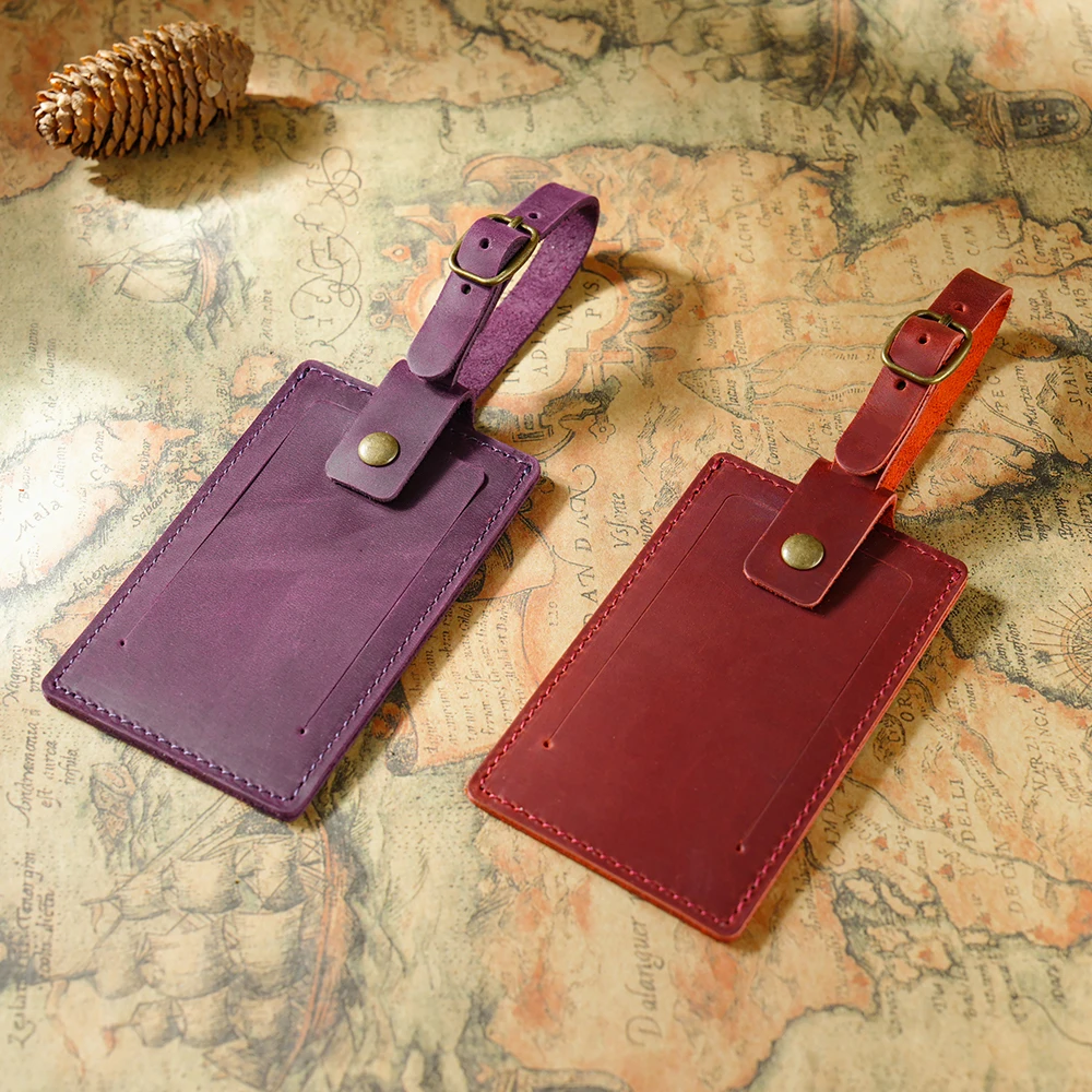 Vintage-Style Top-Grain Leather Luggage Tag with Snap Closure-Creative Airplane Travel Suitcase ID Tag for Check-In/Boarding