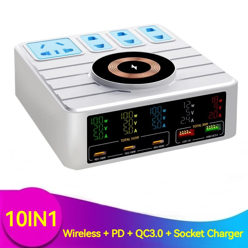 

10IN1 Gan Multi Magnetic Wireless Charger 100W PD QC3.0 USB Intelligent Socket Charger For Iphone 15 14 Samsung Macbook Notebook
