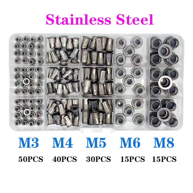 150PCS Rivet Nuts Kit M3 M4 M5 M6 M8 Stainless Steel Rivet Nut Gun Nut Rivet Mandrels Repairtool,Rivetgun,Flatheadscrew,Aluminum