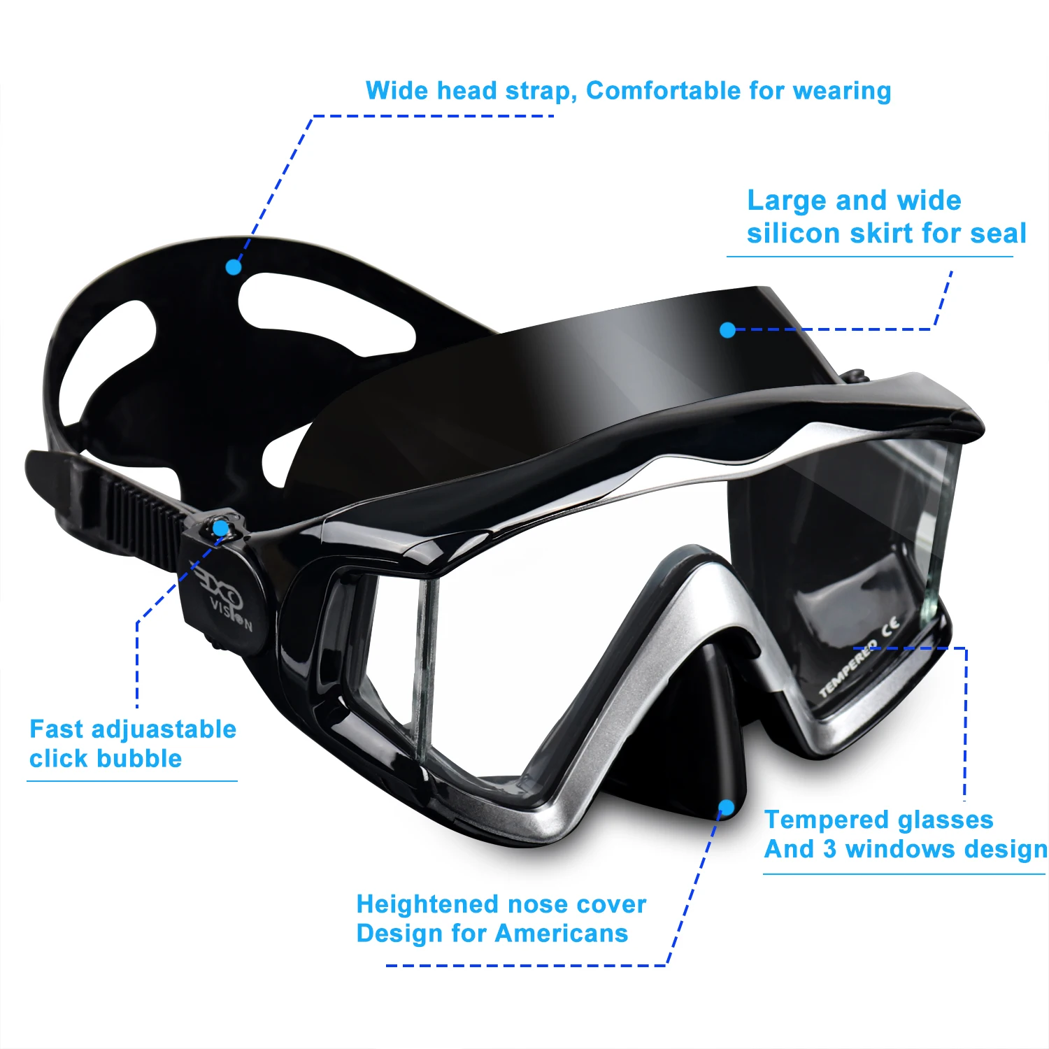 Diving Mask Adult Scuba Diving Mask Pano 3 Panoramic Tempered Glass Snorkeling Dive Mask Premium Swim Goggles with Nose Cover Snorkeling