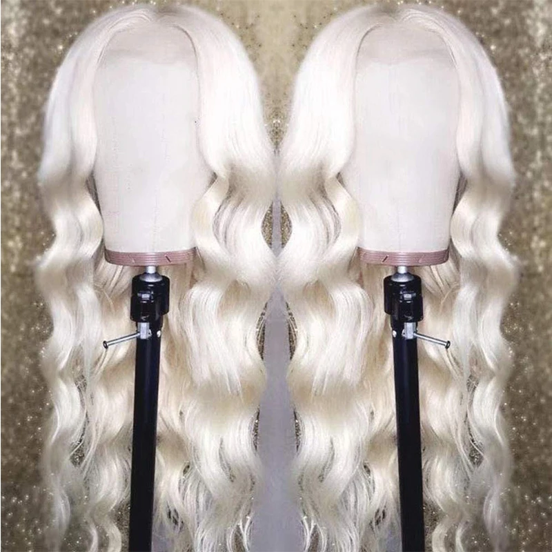60# Platinum Blonde Wavy Lace Front Wig Long Natural Wave White Blonde Synthetic Lace Front Wig White Heat Resistant