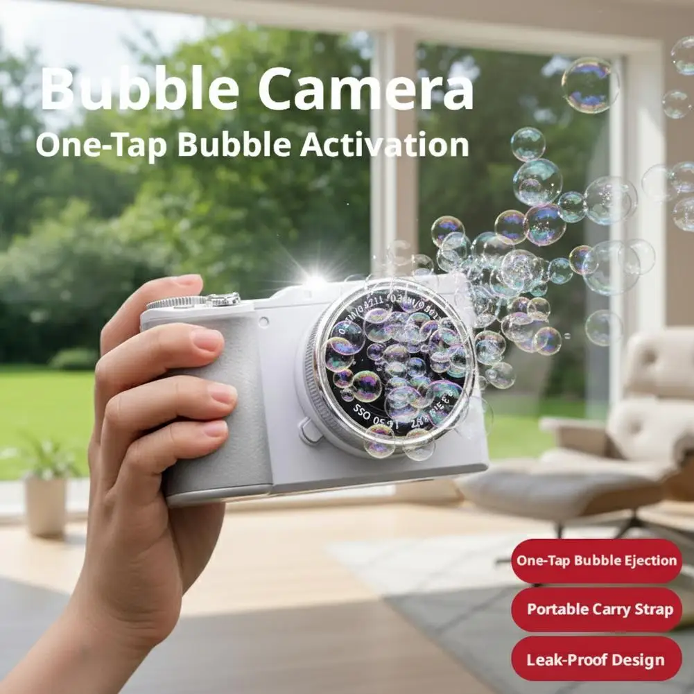 Kids' DSLR-Style Automatic Bubble Maker with Lights & Music, Leak-Proof Design, Bubble Solutions & Strap Included