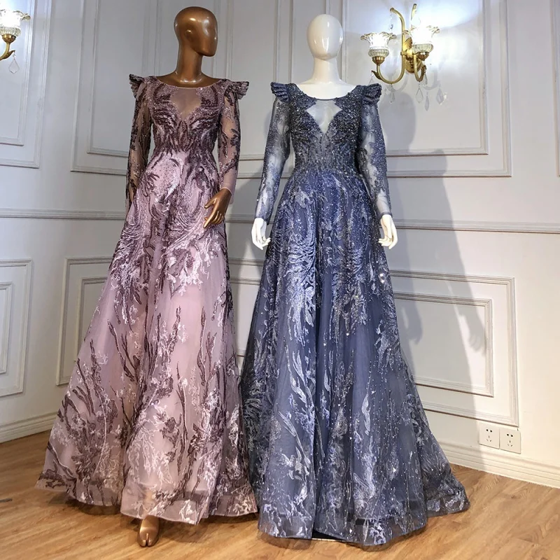 

Arabic Muslim Blue Long Sleeve A-Line Party Dresses Customized Best Price Elegant Formal Evening Gown For Women