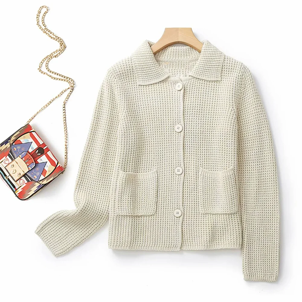 

Women 2023 Autumn New Fashion Casual Style Buckle Mesh Knitted Long Sleeve Cardigan Chic Pocket Decoration All-match Top Mujer