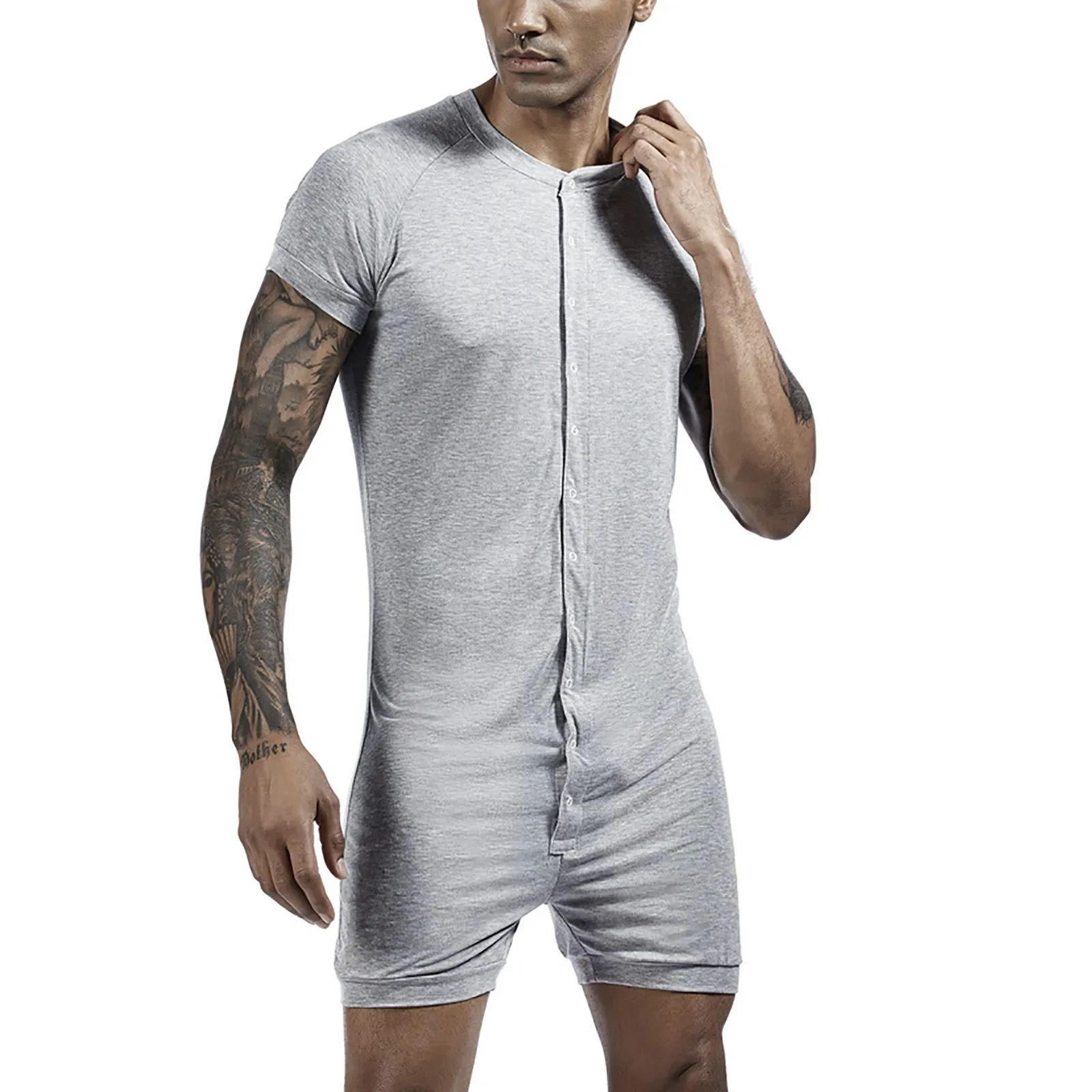 Male Short Sleeve Jumpsuit Spring Tight Soild Color Button Jumpsuit Summer Home Clothes Man Cozy Sleepwears