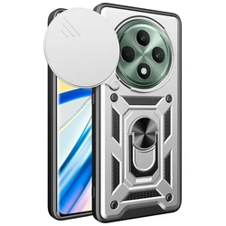 Enhanced Armor Case with Lens Protection and Magnetic Ring Holder for OPPO Reno 12F 5G (Silver)