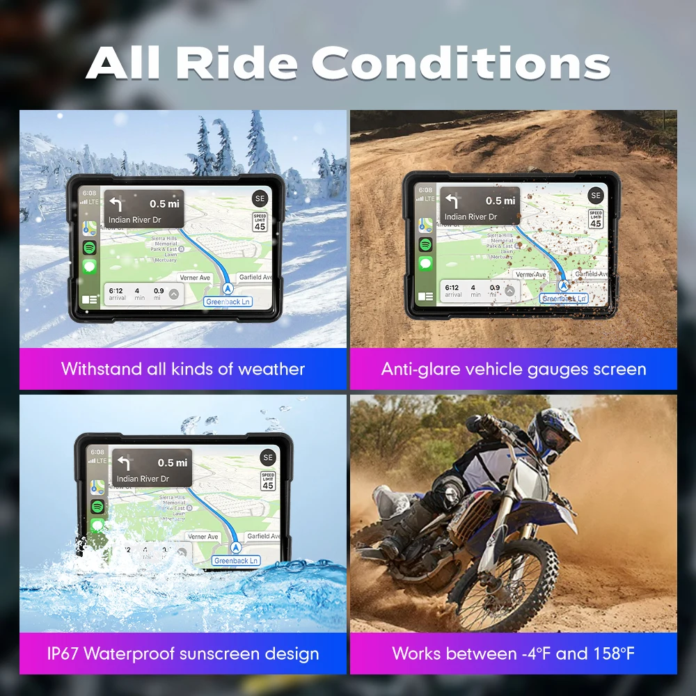 휴대용 GPS 내비게이션 오토바이 방수 카플레이 디스플레이, 오토바이 무선 안드로이드 자동, IPX7 GPS 화면, 5 인치