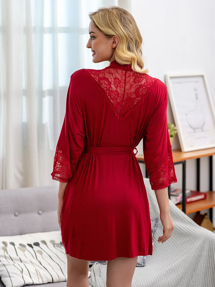 Large Size Solid Color Knit Cotton Robe for Women Bathrobe European Style Lace Loose Nightdress Sleeping Ladies Night Gown