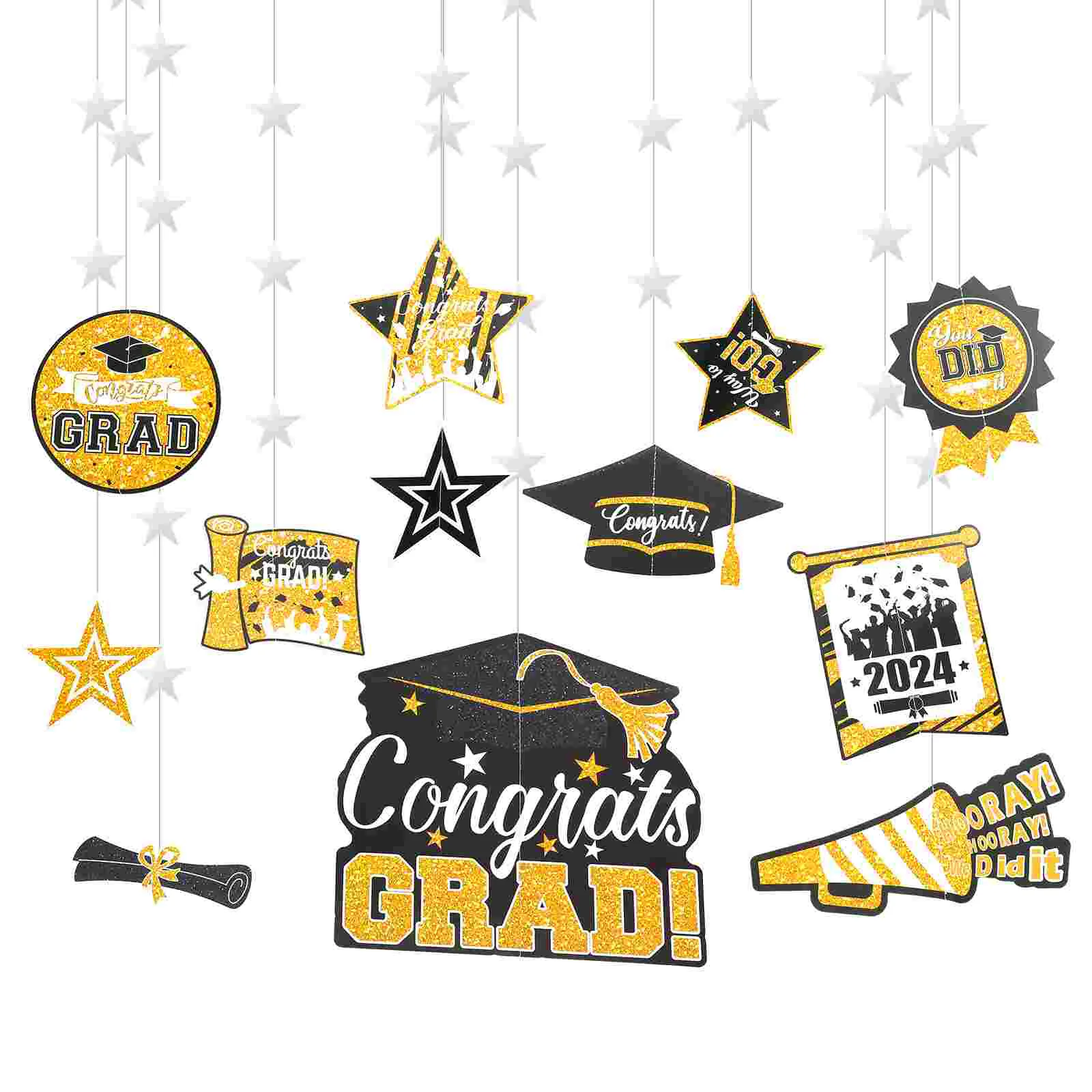 

12 Pcs Graduation Paper Hanging String Ornament Gold Decor Decorations Party Pvc Pendants 2024 Theme