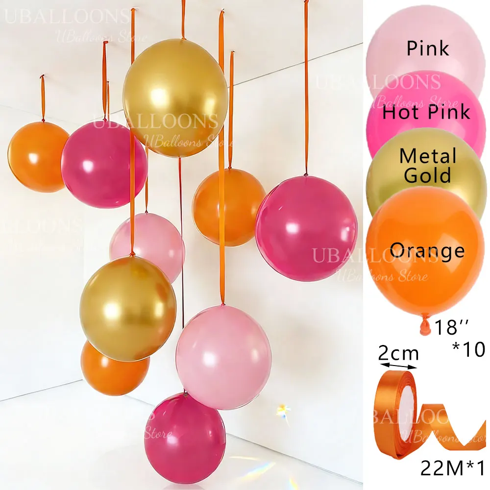 Vibrant Orange and Hot Pink Balloons with Satin Ribbon Bows - Set of 10 for Celebrations and Decor