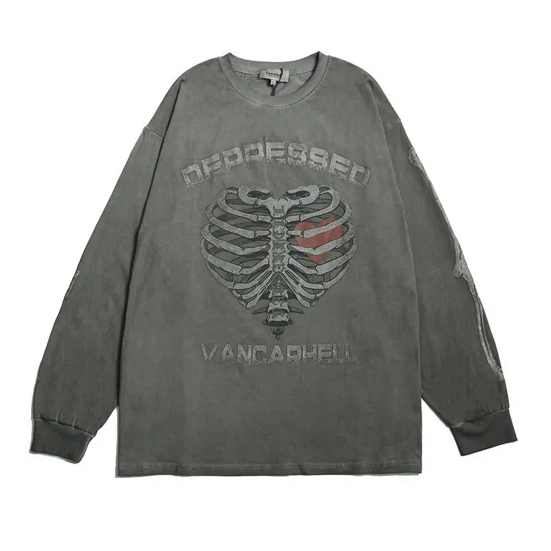 

Men Women Trendy Street Skeleton Dark Style Long-sleeved Sweatshirts Spring Autumn O-neck Large Size Loose Hip Hop Pullover Tops