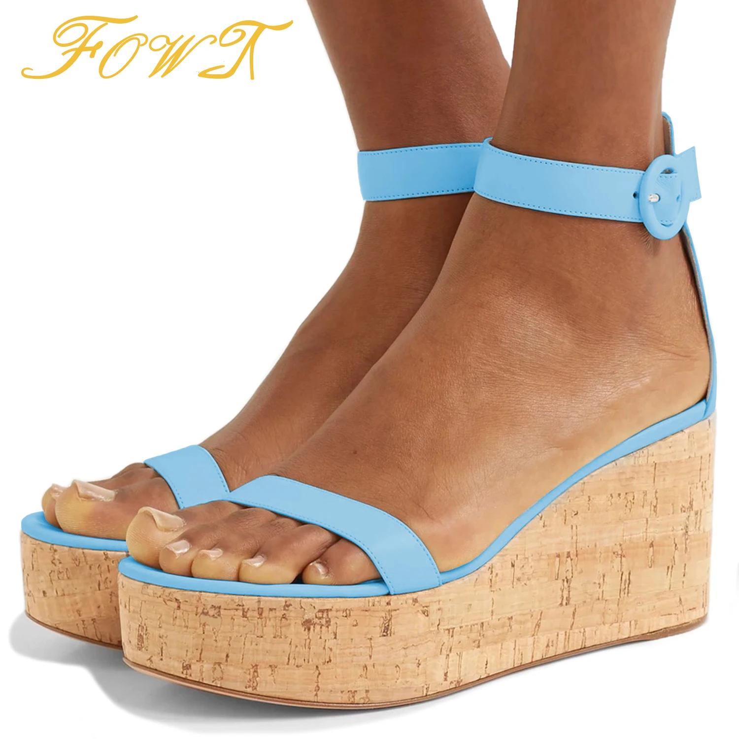 

Women High Heel Cork Platform Wedge Sandals Open Round Toe Sexy Summer Ankle Buckle Strap Leather For Street Beach Shoes FOWT