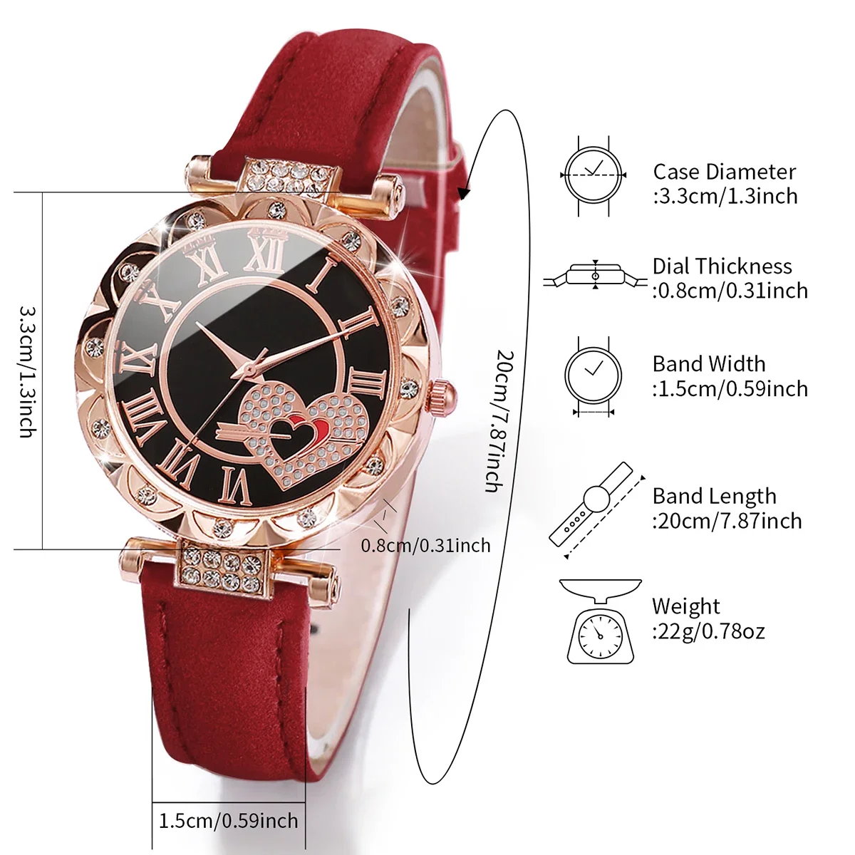6PCS/Set Women's Watch Fashion Roma Heart Dial Leather Band Quartz Watches Leaf Bracelets Set(Without Box) 5