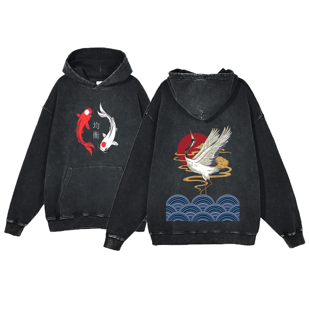 Y2K Anime Hoodie Ukiyoe Koi Fish Vintage Acid Wash Sweatshirt Men Hip Hop Hoodies Long Sleeve Oversized Harajuku Gothic Pullover