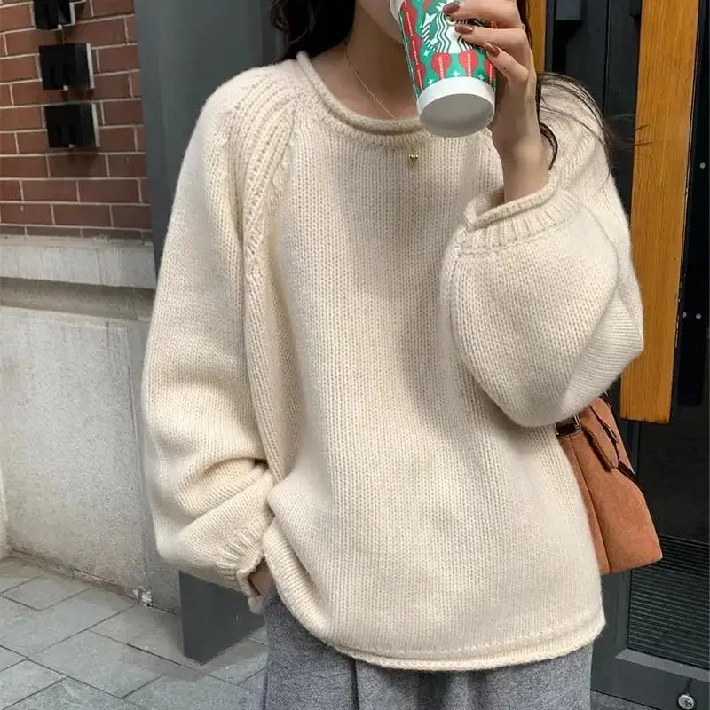 

Женский Повседневный мягкий теплый свитер, трикотажные короткие пуловеры с длинным рукавом, свободная верхняя одежда в Корейском стиле, белый джемпер
