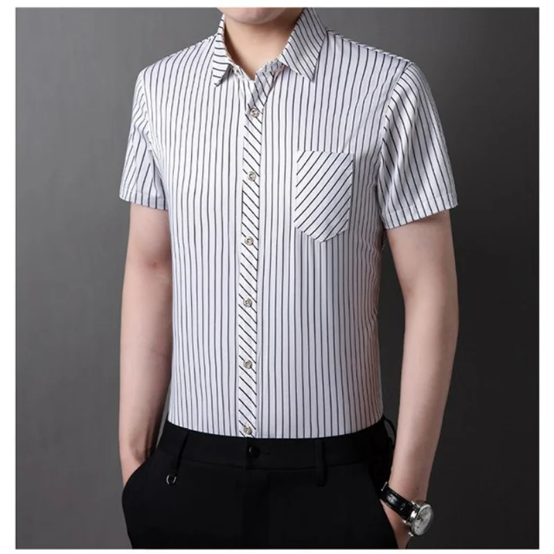 Smart Casual Summer Fashion Simple Short Sleeve Shirt Men's Lapel Button Patchwork Pockets Versatile Breathable Striped Thin Top