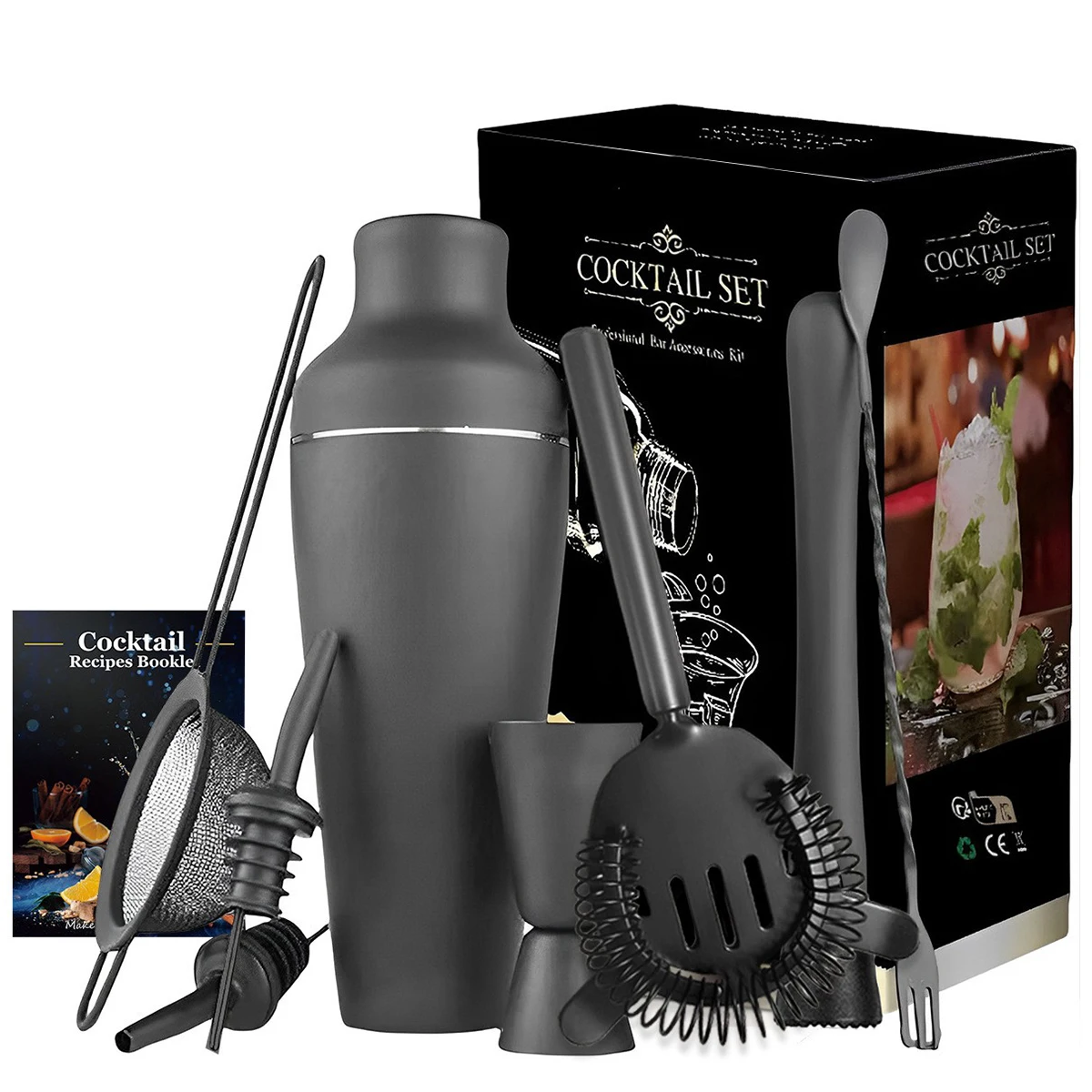 Matte Black Cocktail Shaker Set Bartending Equipment Wine Martini Drink Mixer Barware tools Bartender Kit for Home Bar 8Pcs,cocktail shaker,cocktail bar tools