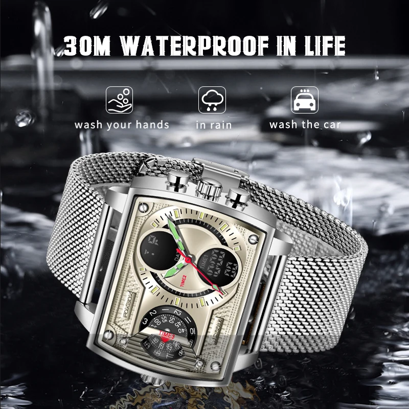 FOXBOX Men Watch Luxury Square Sport Watch For Men Double Display Watches Mens Quartz WristWatch Date Clock Relogio Masculino