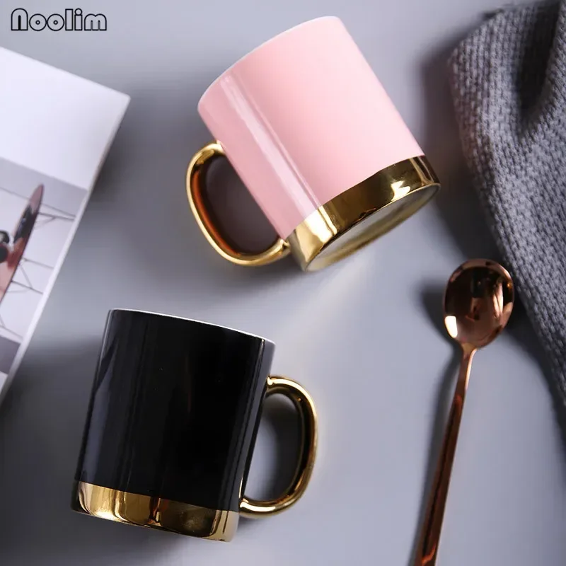 NOOLIM Elegant Ceramic Mug Pink Black Gold Plating Couple Lover's Gift Morning Mug Milk Coffee Tea Breakfast Porcelain Drinkware