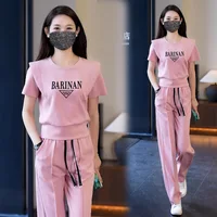 Ensemble deux pièces décontracté pour femme, col rond, manches courtes, pantalon droit, polyvalent, rajeunissant, sport, été, nouveau, 2024 4