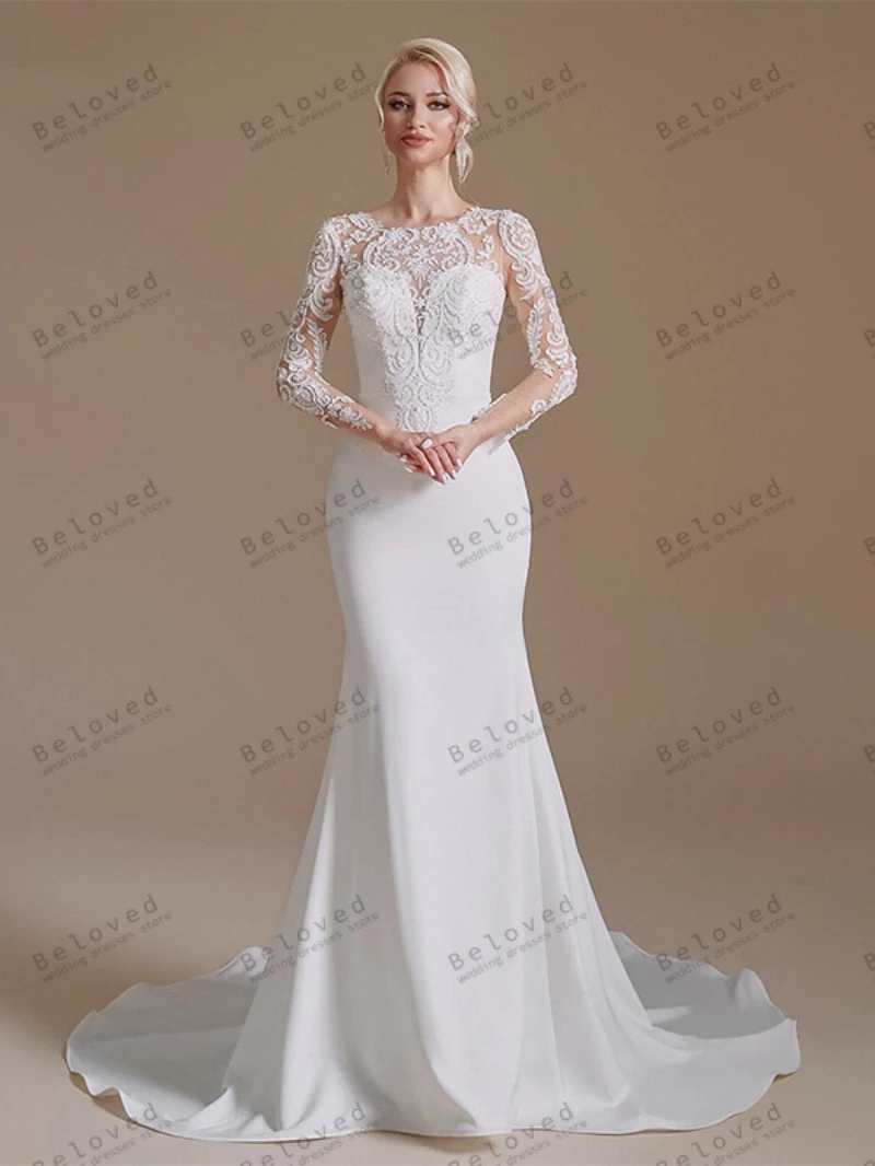 Classic Wedding Dresses Satin Bridal Gowns Lace Appliques Full Sleeves Modest Sheath Mermaid Vestidos De Novia Customized 2025 3