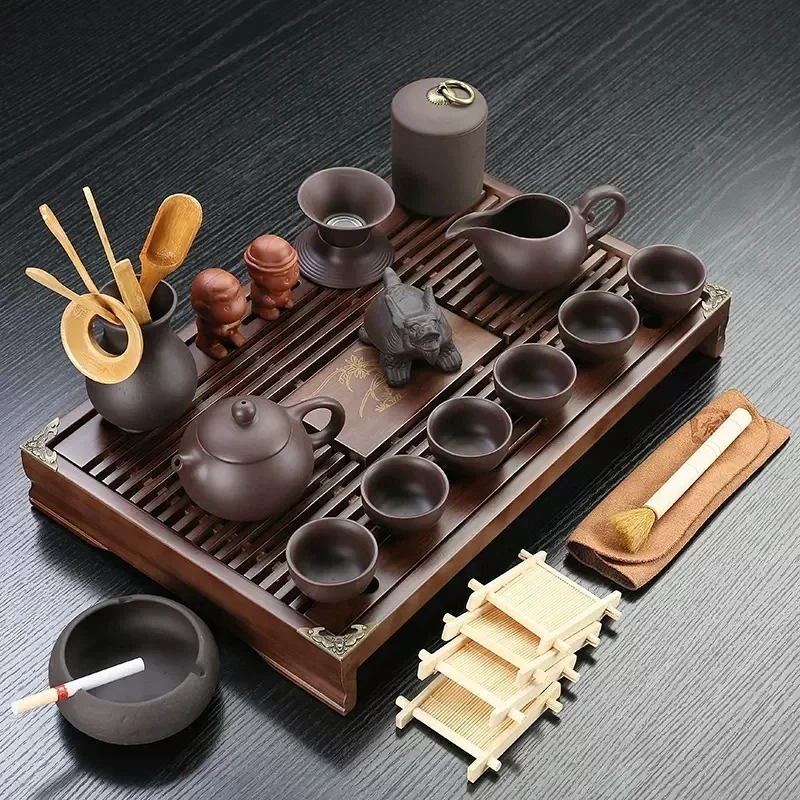 Chinese Teaset Yixing Ceramic Kungfu Tea Sets 26pcs Solid Wood Tray Kungfu Set Service