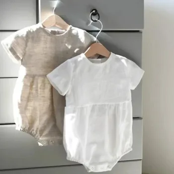 DGUKYM Boys Girl 0-12M Romper Summer Korean Style Toddler Baby Cotton Short Sleeve Cotton Linen Infant Baby Girls Boys Jumpsuit