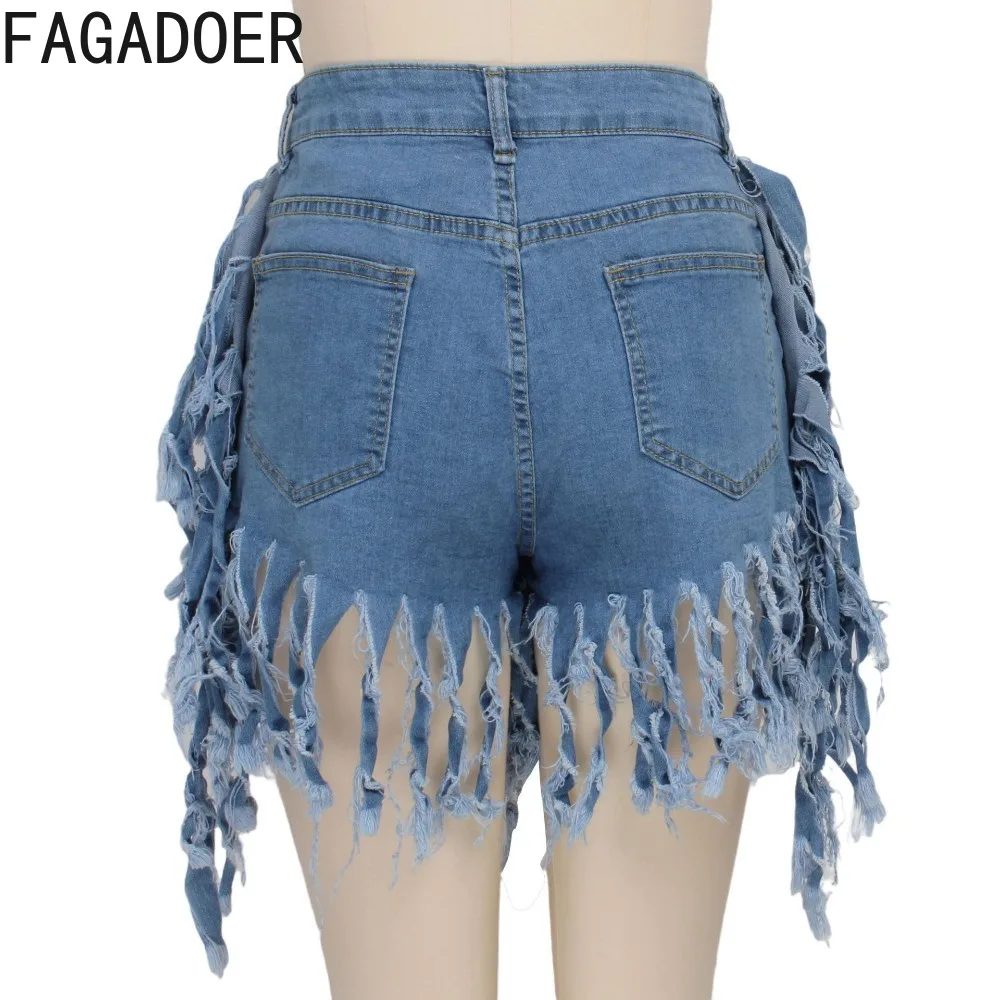 FAGADOER Summer New Denim Tassels Shorts Women High Waisted Button Elasticity Skinny Shorts Fashion Female Solid Cowboy Bottoms
