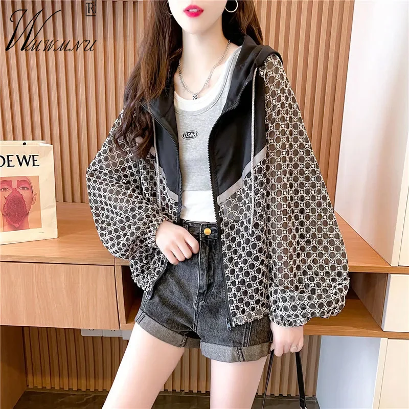 Casual Patchwork Thin Black Jacket Women Long Sleeve Sun Protection Outerwear Hooded Summer Tops Korean Fashion Loose Chaqueta